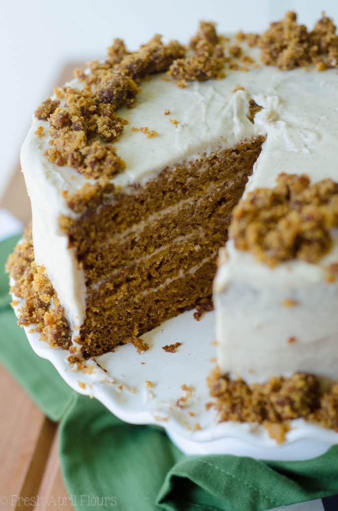 Brown Butter Pumpkin Cake with Maple Cinnamon Cream Cheese Frosting: A moist, spiced cake made with real pumpkin and smothered in a creamy, fall flavor-infused cream cheese frosting.