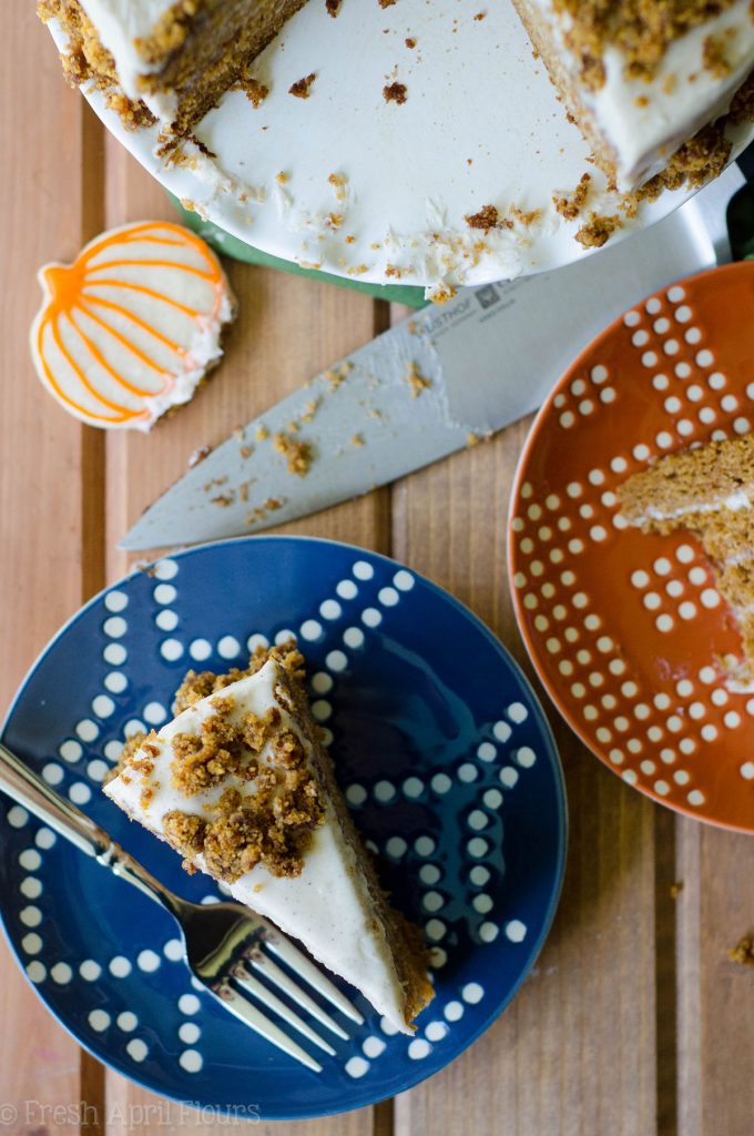 Brown Butter Pumpkin Cake with Maple Cinnamon Cream Cheese Frosting: A moist, spiced cake made with real pumpkin and smothered in a creamy, fall flavor-infused cream cheese frosting.