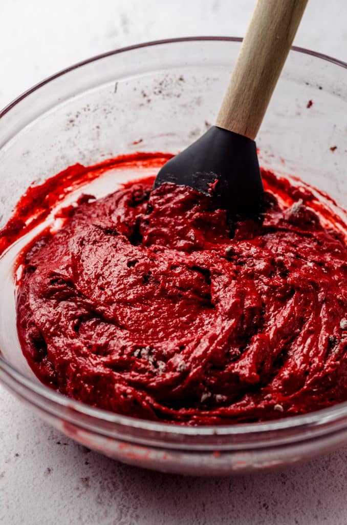 Red velvet cupcake batter before adding in egg whites.