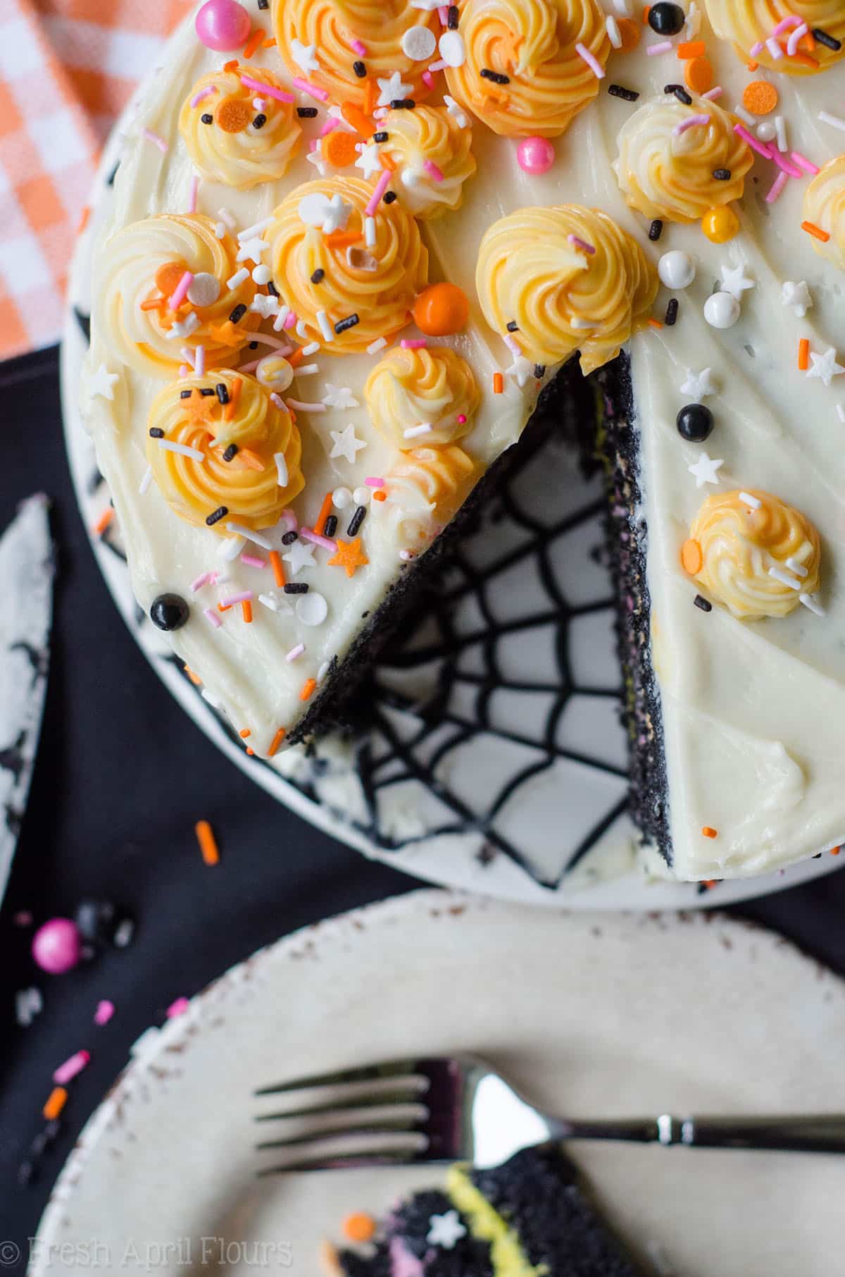 aerial photo of black velvet layer with a slice taken out of it