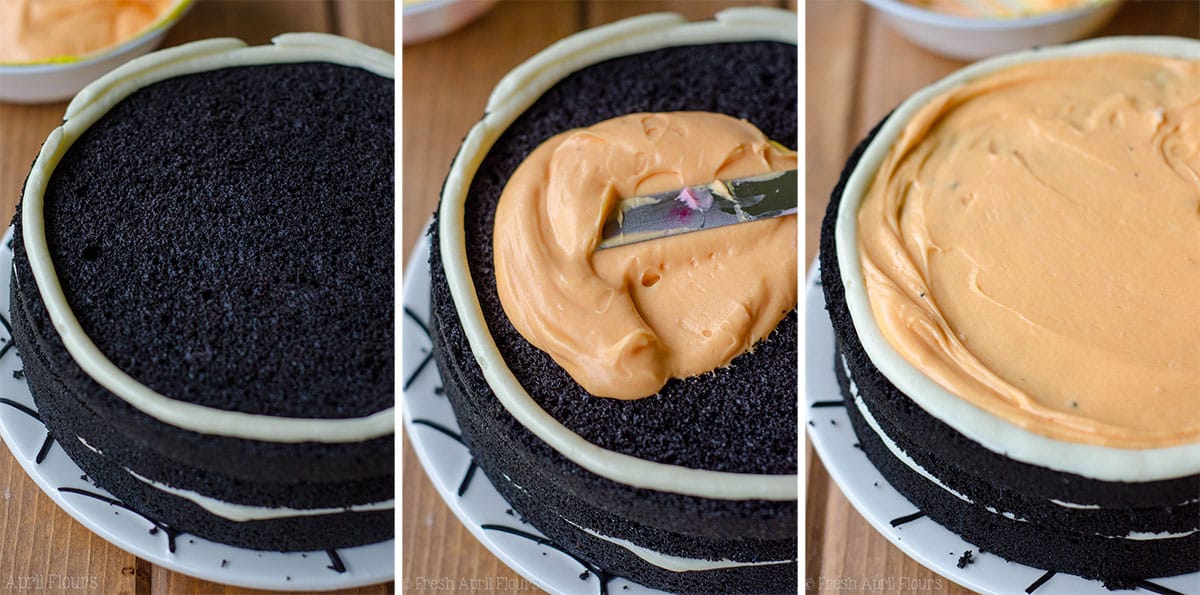 creating layers of black velvet cake filled with orange frosting