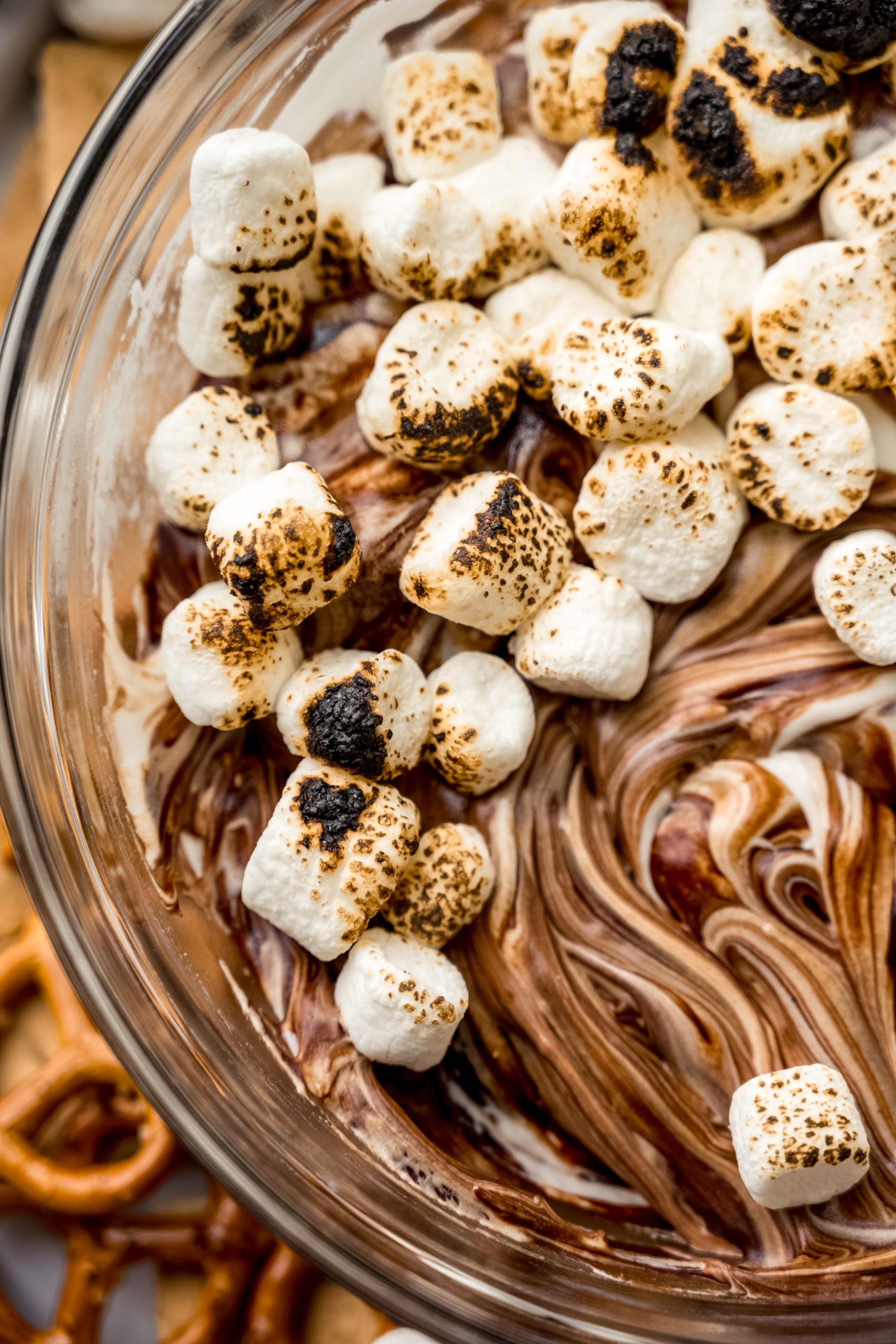 Aerial photo of a bowl of s'mores dip.