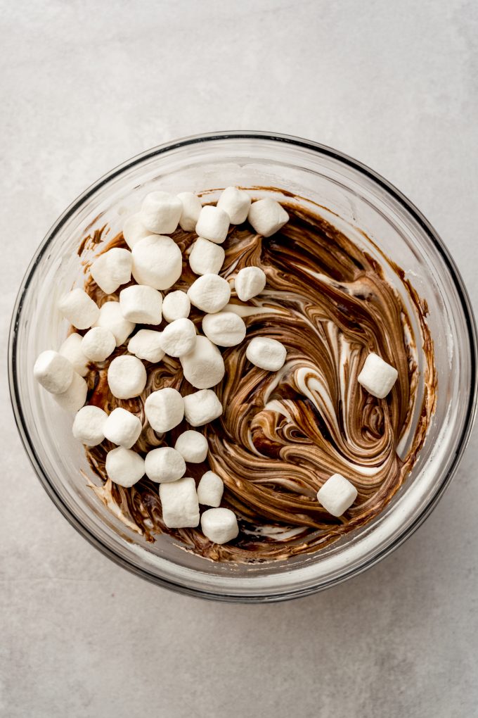 Aerial photo of s'mores dip in a bowl before the marshmallows on top get toasted.