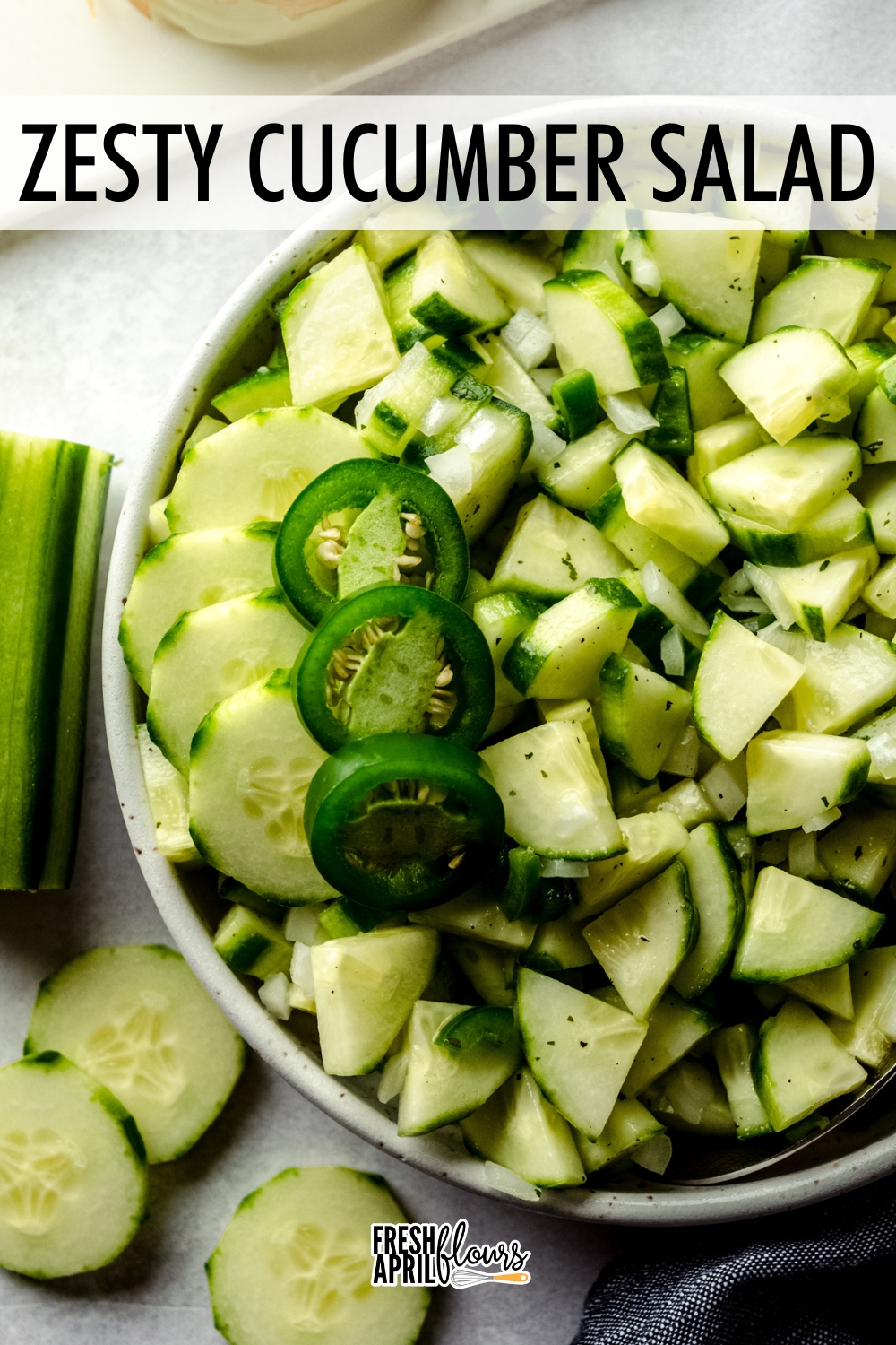 This easy 5-ingredient cucumber salad recipe can be eaten with a fork or used as a dip. Crispy cucumbers get soaked in a tangy rice vinegar and peppy ranch sauce, as sweet onions and spicy bits of jalapeño complement every crunchy bite. via @frshaprilflours