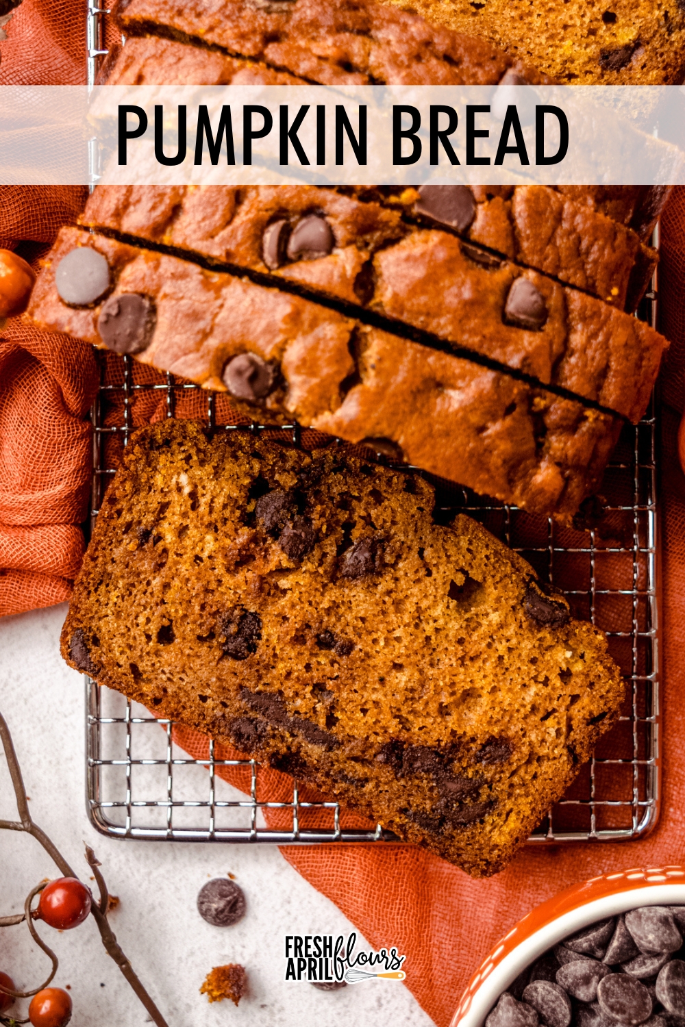 An easy no mixer quick bread flavored with real pumpkin, warm spices, and sweetened with brown sugar and chocolate chips. Leave the chocolate chips out for a classic pumpkin loaf instead. via @frshaprilflours