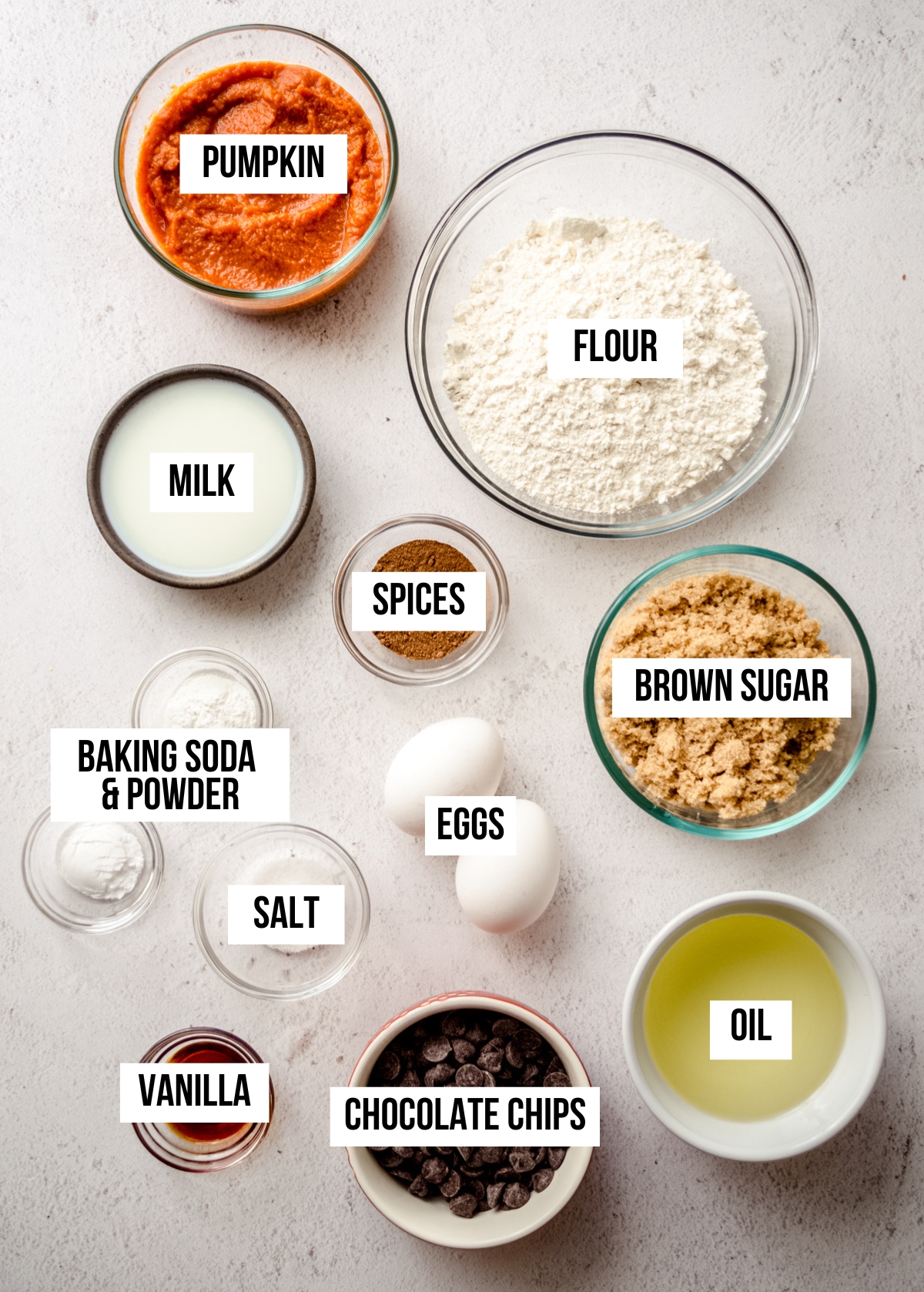 Aerial photo of ingredients to make pumpkin bread with text overlay labeling each ingredient.