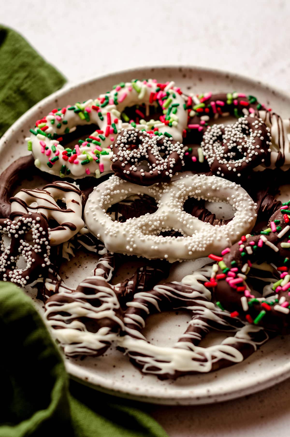 plate of homemade chocolate covered pretzels