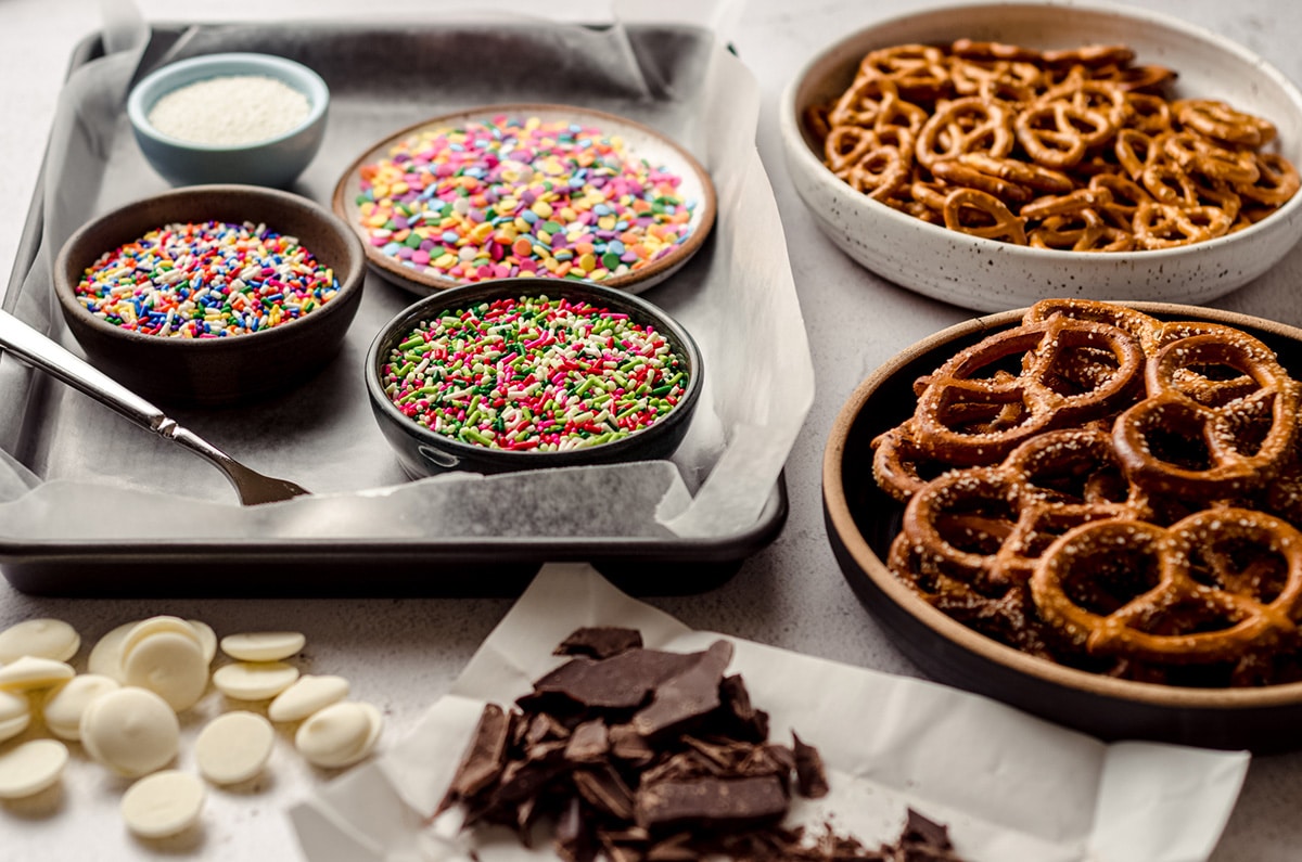 ingredients to make homemade chocolate covered pretzels