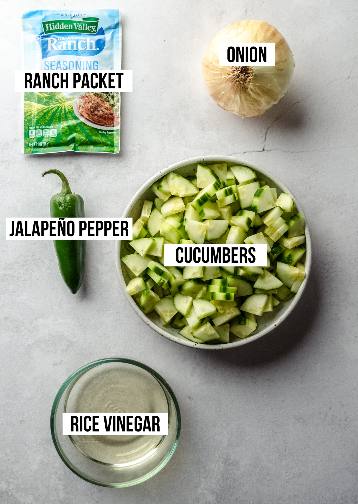 Aerial photo of ingredients to make zesty cucumber salad with text overlay labeling each ingredient.