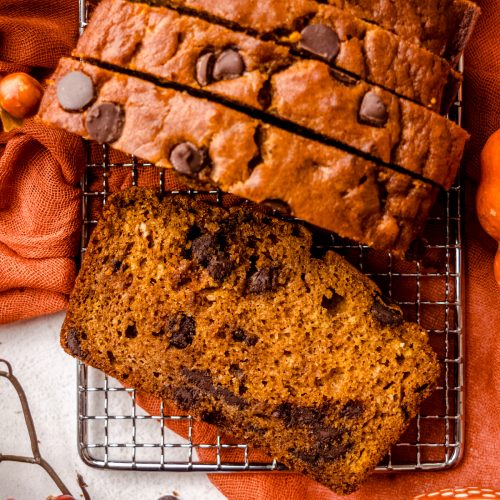 Aerial photo of chocolate chip pumpkin bread slices on a wire cooling rack.