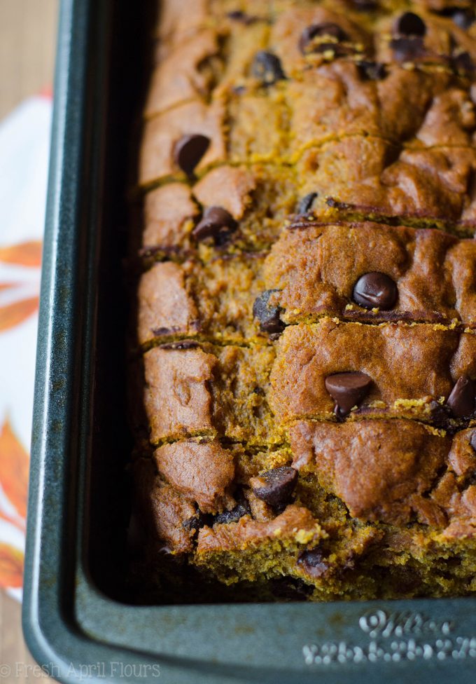 Chocolate Chip Pumpkin Quick Bread: An easy bread spiced with real pumpkin and spices and sweetened with brown sugar and chocolate chips.