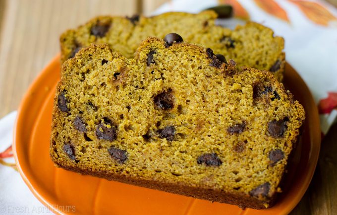 Chocolate Chip Pumpkin Quick Bread: An easy bread spiced with real pumpkin and spices and sweetened with brown sugar and chocolate chips.