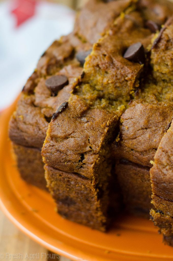 Chocolate Chip Pumpkin Quick Bread: An easy bread spiced with real pumpkin and spices and sweetened with brown sugar and chocolate chips.