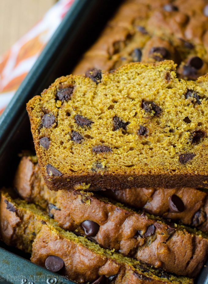 Chocolate Chip Pumpkin Quick Bread: An easy bread spiced with real pumpkin and spices and sweetened with brown sugar and chocolate chips.