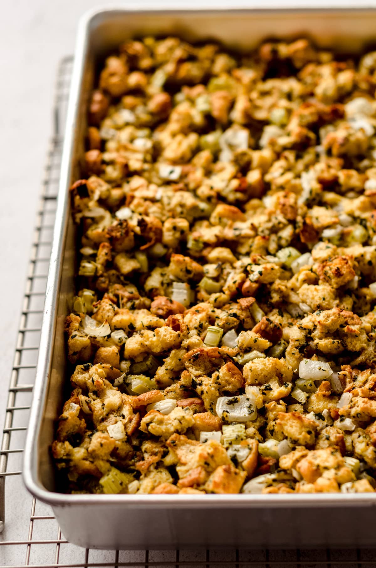 traditional bread stuffing baked in a large dish