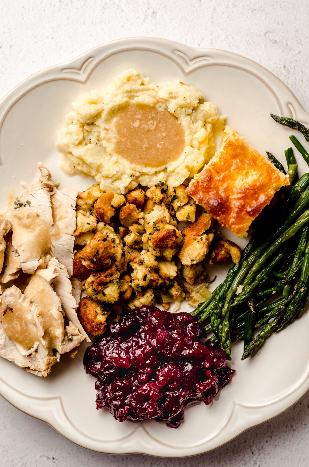 an aerial photo of a plate of thanksgiving dinner