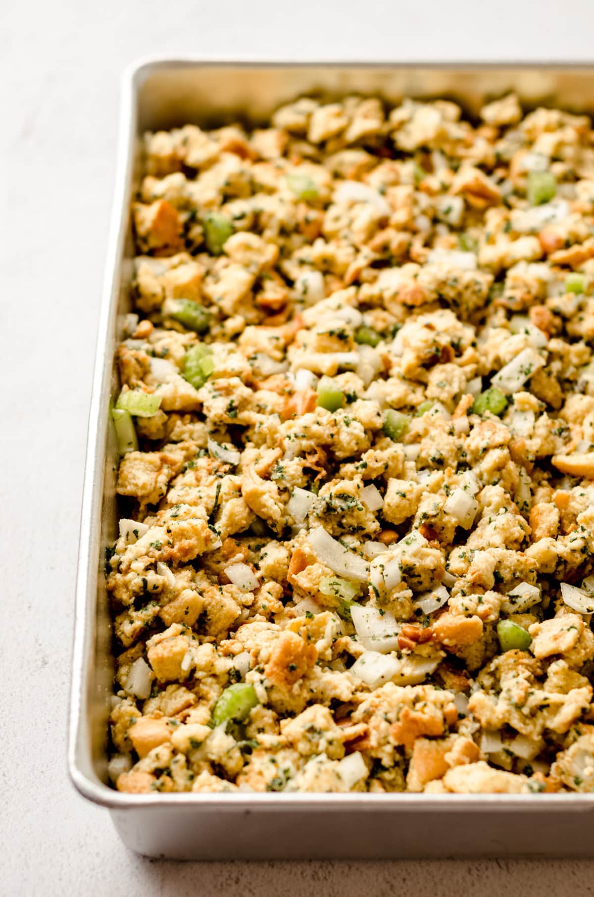 unbaked bread stuffing in a large dish