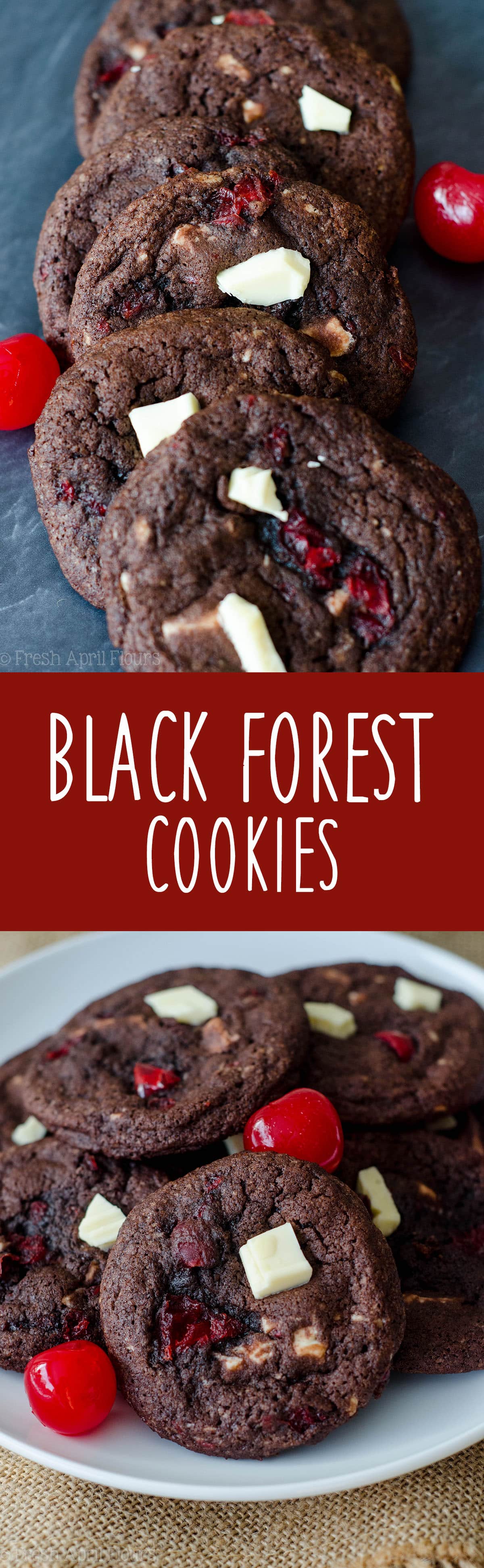 Black Forest Cookies: Soft and chewy chocolate cookies filled with creamy white chocolate chunks and sweet maraschino cherry pieces. via @frshaprilflours