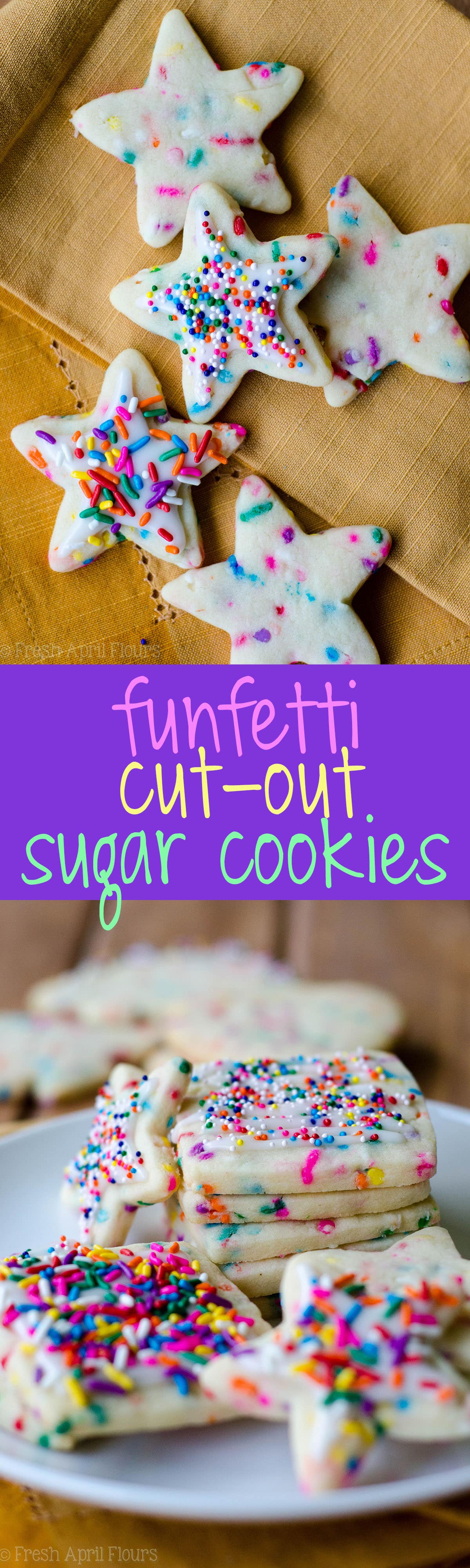 Funfetti Cut-Out Sugar Cookies: No dough chilling necessary for these soft cut-out sugar cookies that are filled with colorful sprinkles and perfect for any occasion. Crisp edges, soft centers, and completely customizable in flavor and shape! via @frshaprilflours