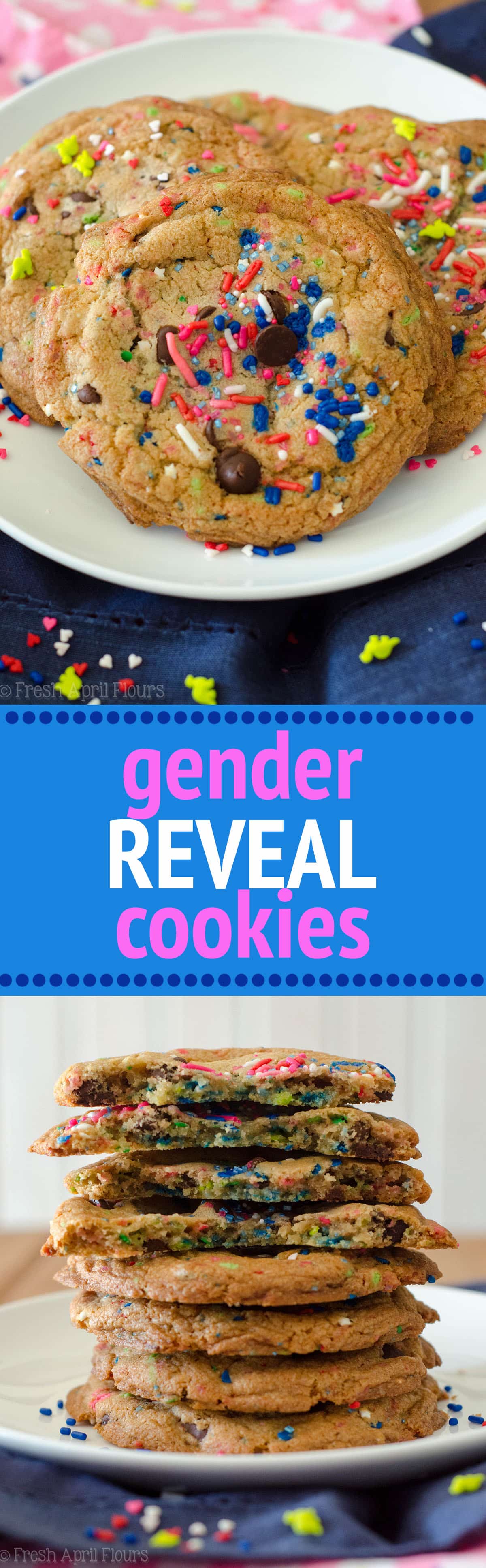 Gender Reveal Cookies: Classic chocolate chip cookies baked with a surprise of colored sprinkles inside perfect for revealing the gender of a baby. via @frshaprilflours