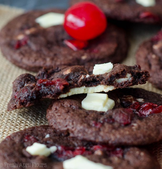 Black Forest Cookies: Soft and chewy chocolate cookies filled with creamy white chocolate chunks and sweet maraschino cherry pieces.