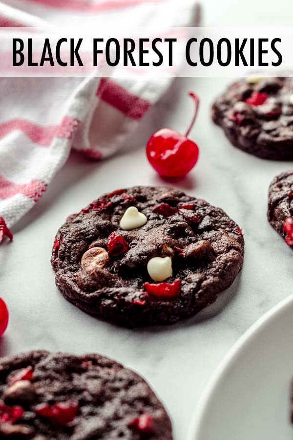 These soft chocolate cookies have all the flavors you love about Black Forest cake without the hassle of baking and stacking cake layers-- rich chocolate flavor, sweet maraschino cherry pieces, and creamy white chocolate chips. You can also use fresh cherries when they're in season! via @frshaprilflours