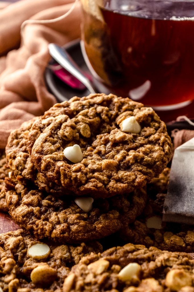 Chai spiced oatmeal cookies on a surface.