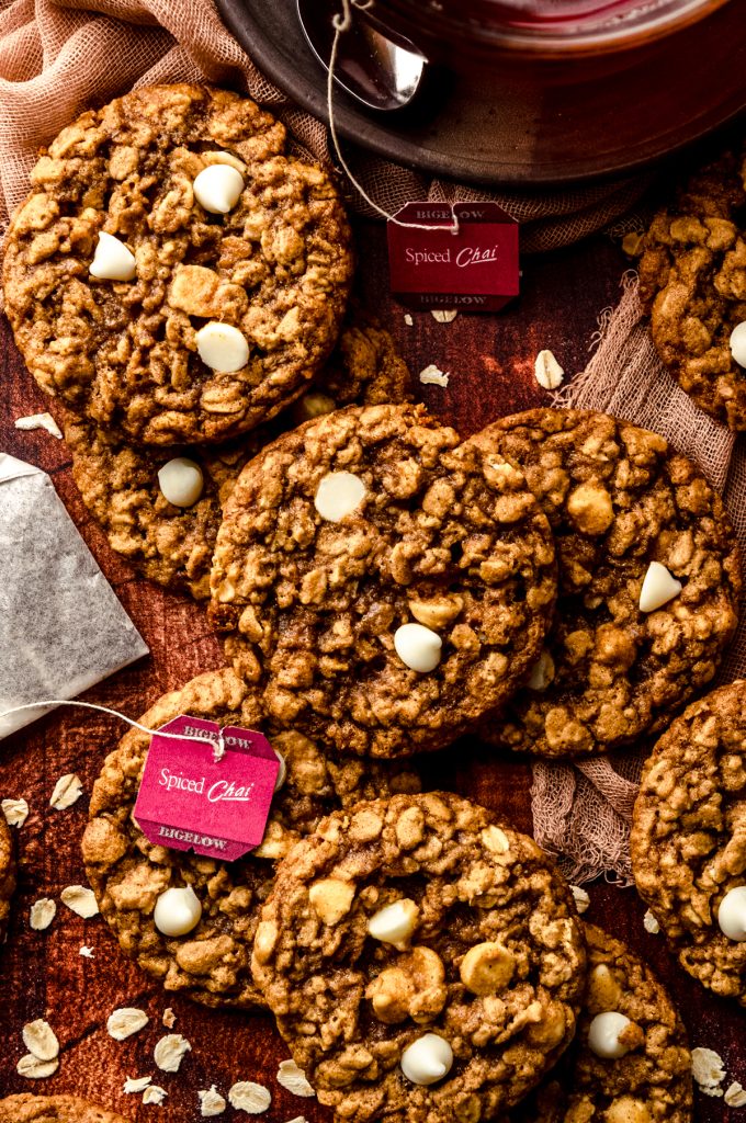 Aerial photo of chai oatmeal cookies on a surface.