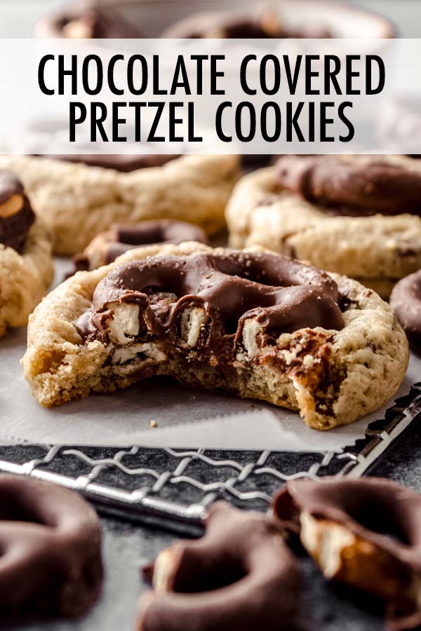 Chewy brown sugar cookies filled and topped with chocolate covered pretzels and finished off with a sprinkle of coarse salt. via @frshaprilflours