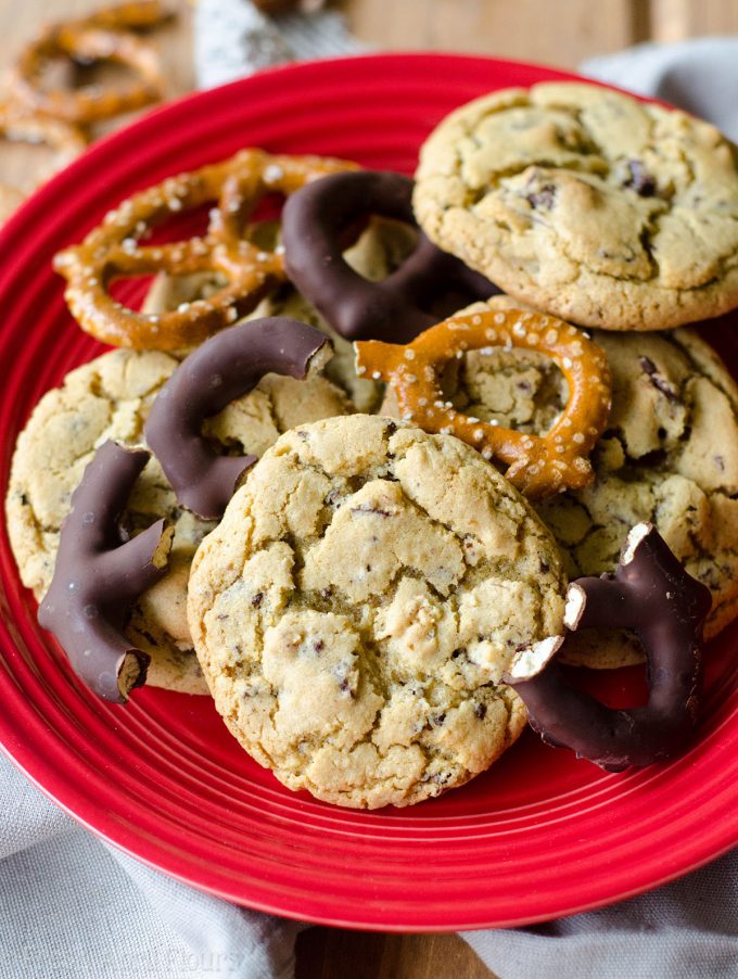Chocolate Covered Pretzel Cookies: Simple brown sugar cookies filled with sweet and salty chocolate covered pretzels.
