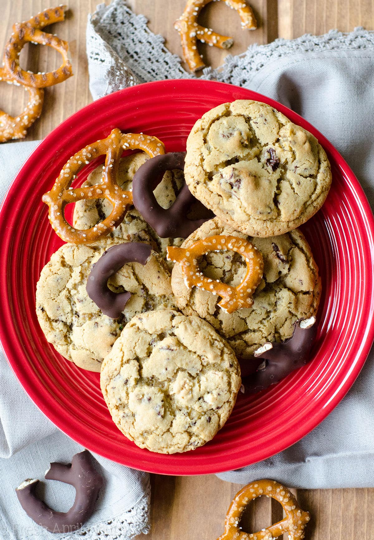 Chocolate Covered Pretzel Cookies: Simple brown sugar cookies filled with sweet and salty chocolate covered pretzels.