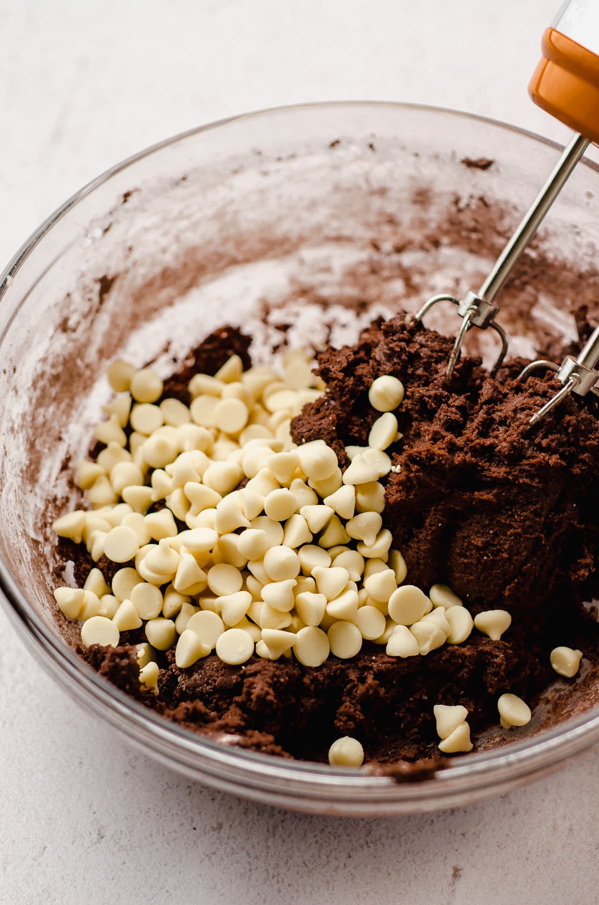 chocolate white chocolate chip cookie batter in a bowl