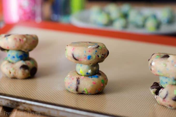 Gender Reveal Cookies: Classic chocolate chip cookies baked with a surprise of colored sprinkles inside perfect for revealing the gender of a baby.