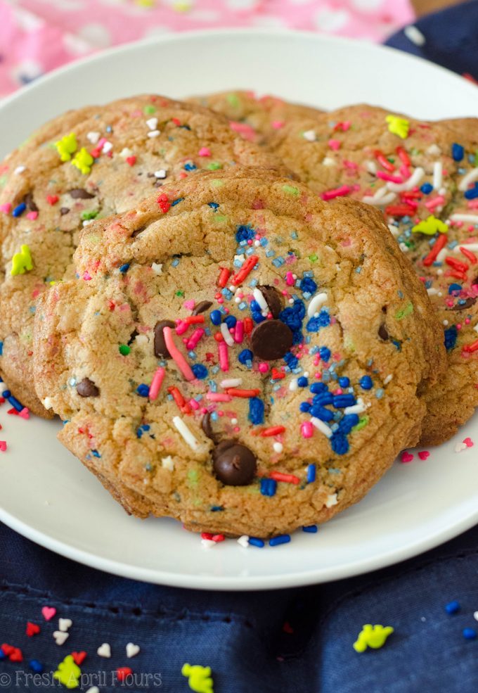 Gender Reveal Cookies: Classic chocolate chip cookies baked with a surprise of colored sprinkles inside perfect for revealing the gender of a baby.