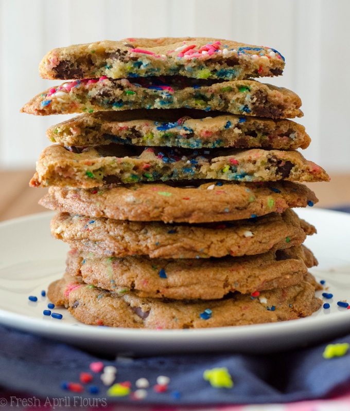 Gender Reveal Cookies: Classic chocolate chip cookies baked with a surprise of colored sprinkles inside perfect for revealing the gender of a baby.