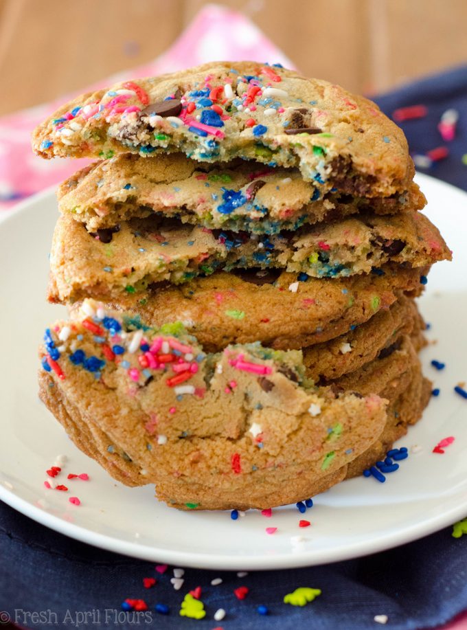 Gender Reveal Cookies: Classic chocolate chip cookies baked with a surprise of colored sprinkles inside perfect for revealing the gender of a baby.