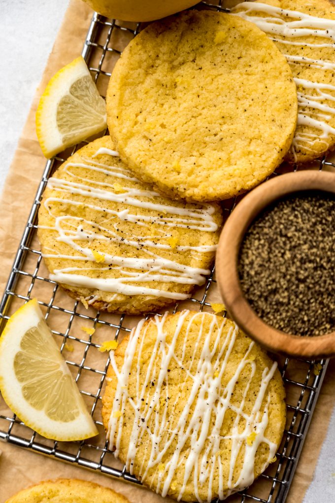 Aerial photo of lemon pepper slice and bake cookies on a cooling rack.