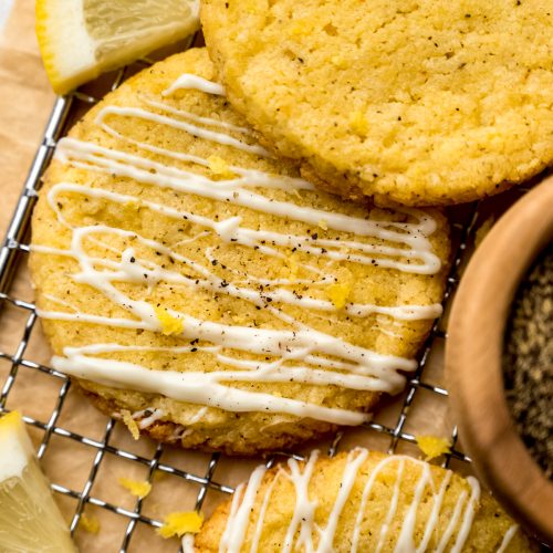 Aerial photo of lemon pepper slice and bake cookies on a cooling rack.