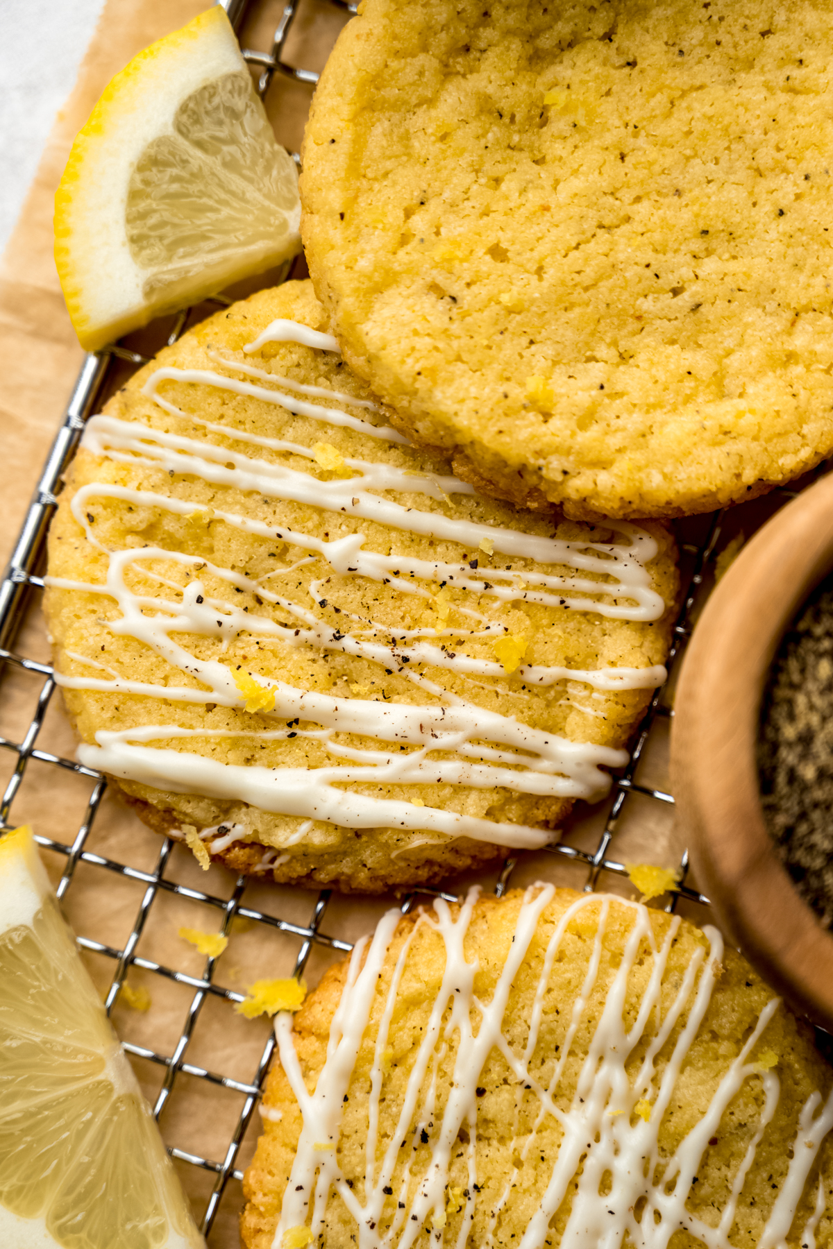Aerial photo of lemon pepper slice and bake cookies on a cooling rack.