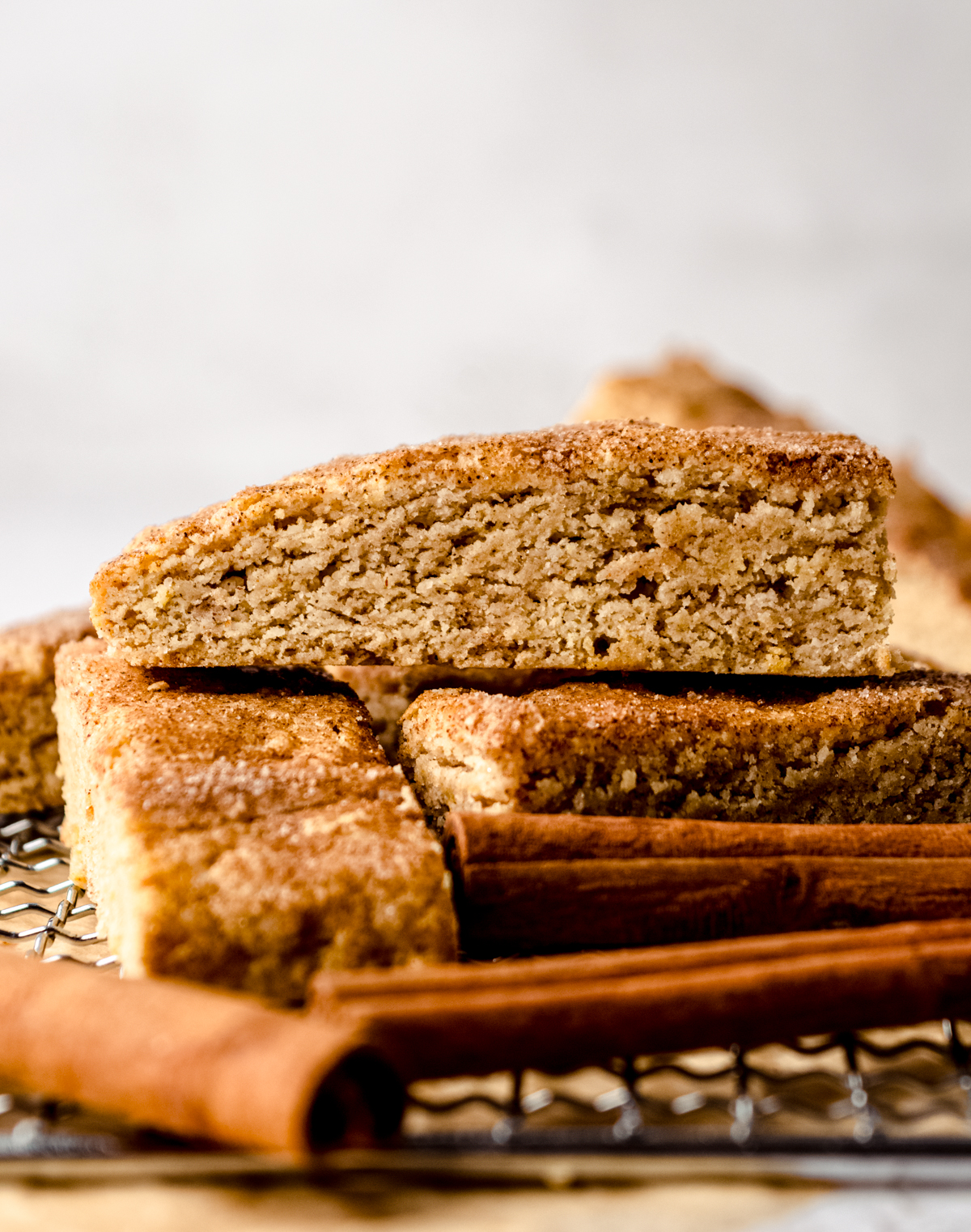 Snickerdoodle biscotti on a wire cooling rack with cinnamon sticks around it.