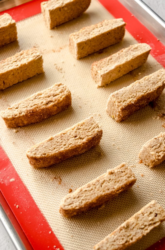 Biscotti cookies on a baking sheet.