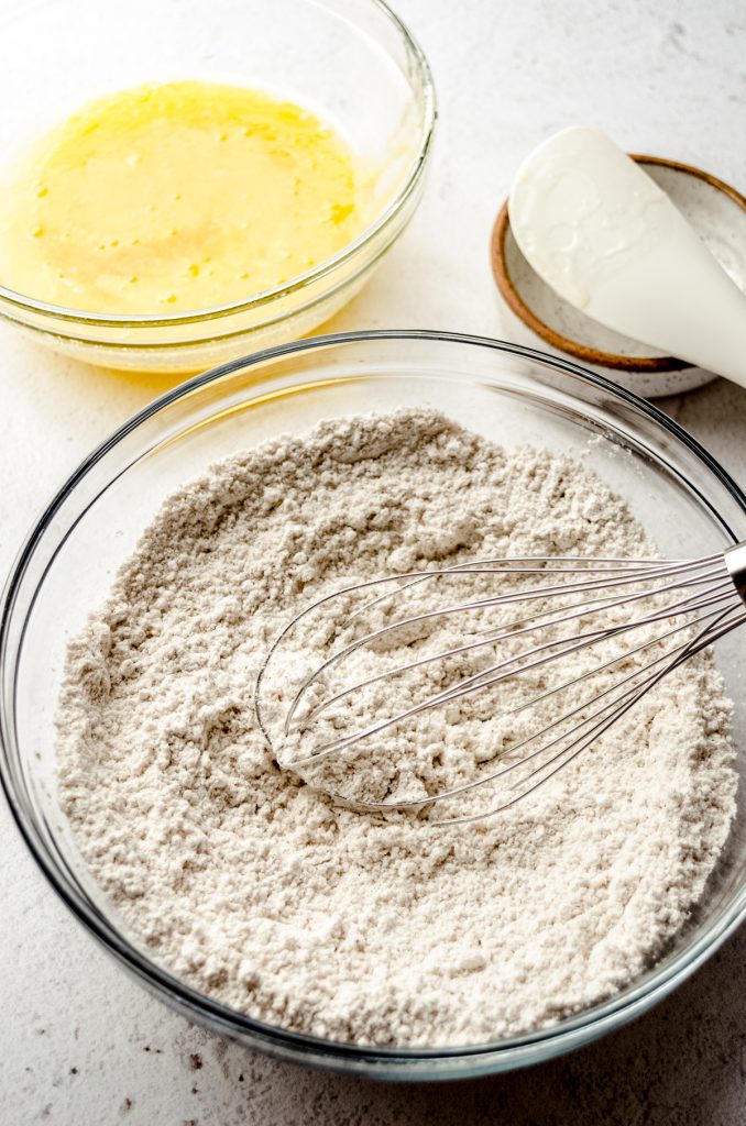 A bowl of dry ingredients for biscotti whisked together.