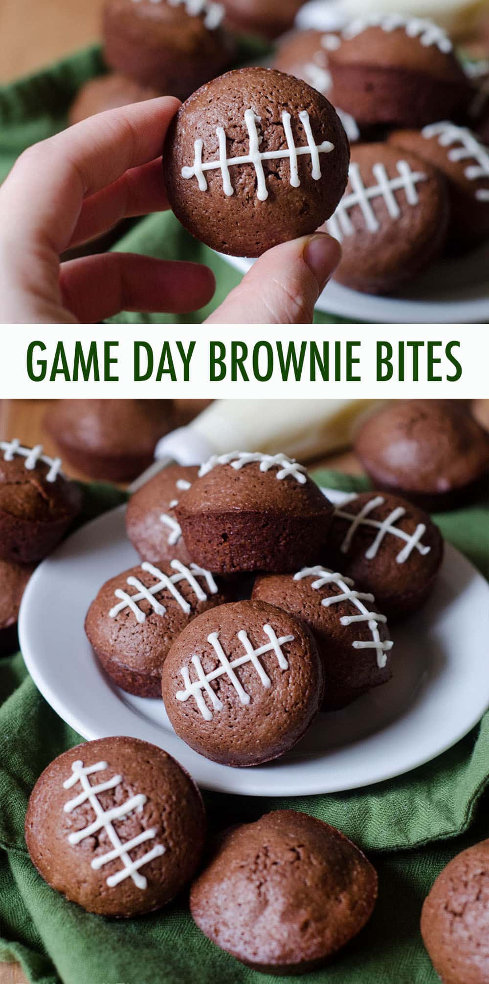 Adorable bite-size brownies adorned with buttercream football stripes. Perfect for any football game day you're looking to celebrate! via @frshaprilflours