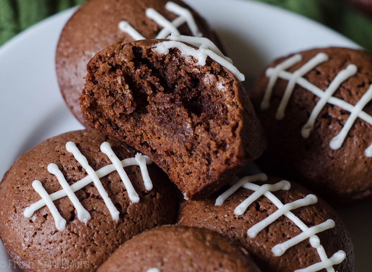 football brownie bite with a bite taken out of it