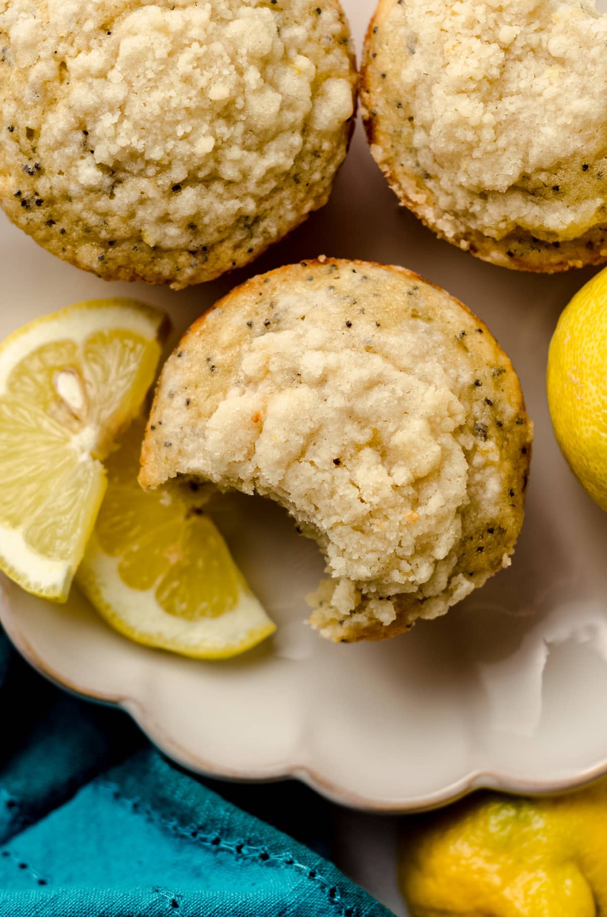 aerial photo of lemon poppy seed muffins with a bite taken out of one