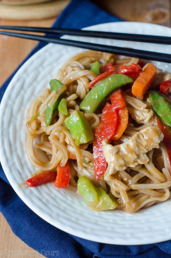 Instant Pot Chicken & Vegetable Stir Fry: A quick and easy version of "stir fry," no pan or stovetop required! Sticky and dense noodles, tender chicken, and crunchy vegetables, ready in about 20 minutes!