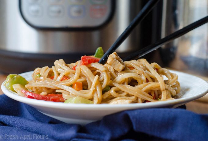 Instant Pot Chicken & Vegetable Stir Fry: A quick and easy version of "stir fry," no pan or stovetop required! Sticky and dense noodles, tender chicken, and crunchy vegetables, ready in about 20 minutes!