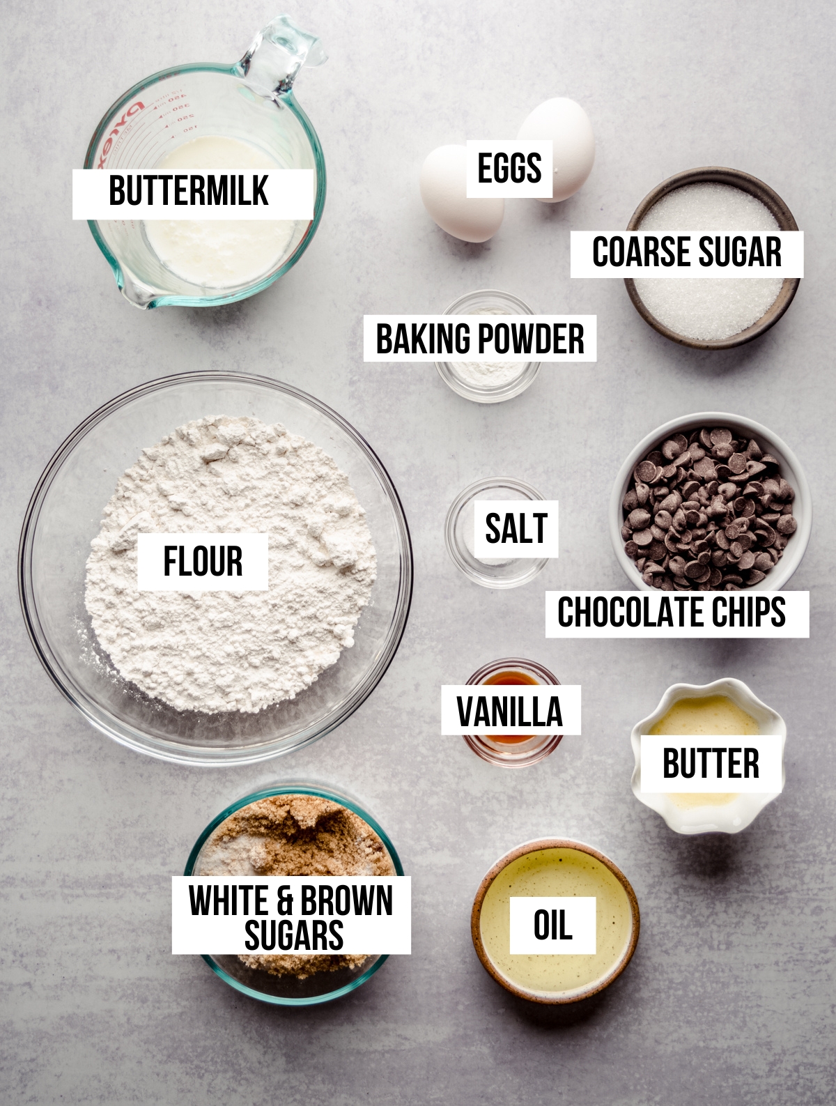 Aerial photo of ingredients for chocolate chip muffins with text overlay.