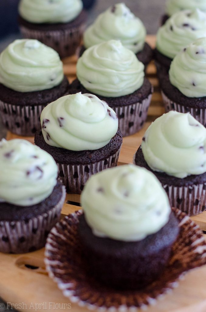 Mint Chocolate Chip Cupcakes: Dark chocolate chocolate chip cupcakes topped with creamy mint chocolate chip buttercream.