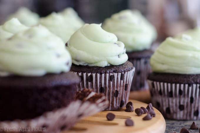 Mint Chocolate Chip Cupcakes: Dark chocolate chocolate chip cupcakes topped with creamy mint chocolate chip buttercream.